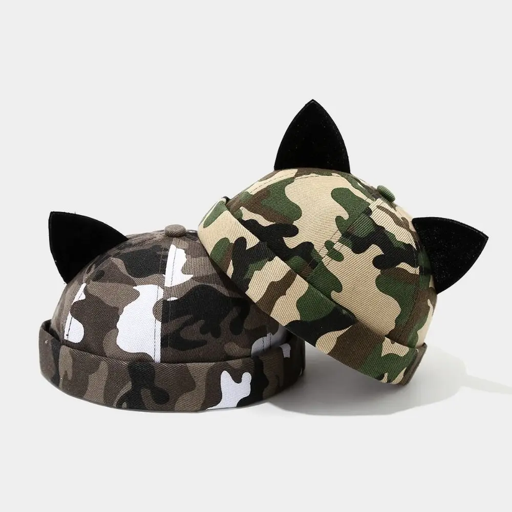 Fashion Brimless Skull Cap Black Cat Ears Rolled Cuff Beanie Hat Adjustable Melon Docker Cap Unisex