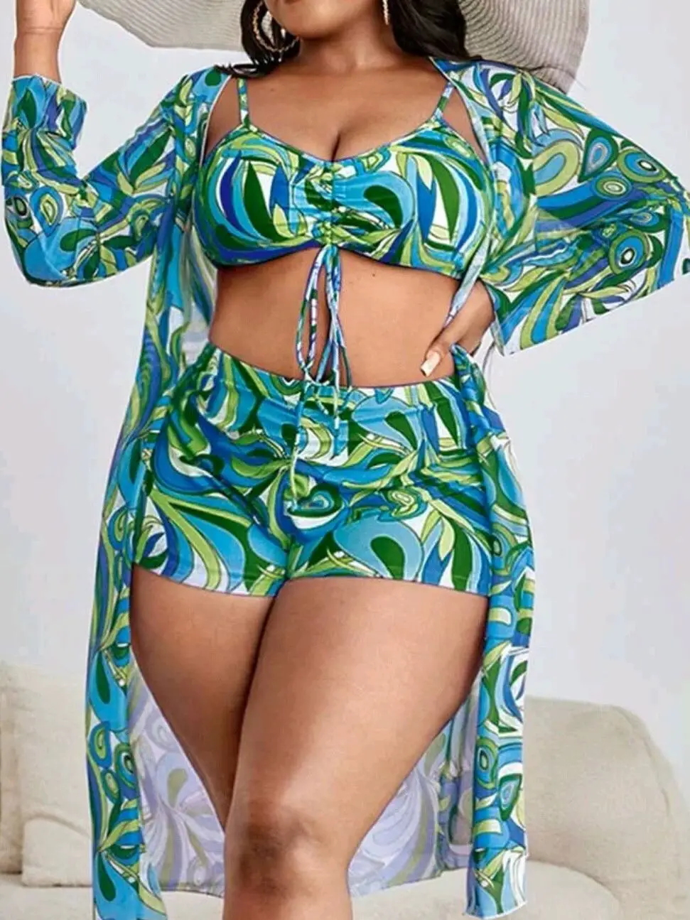 Women's Plus Size Three Piece Boho Bikini Set Abstract Print Flowy Cover Up Summer Beachwear