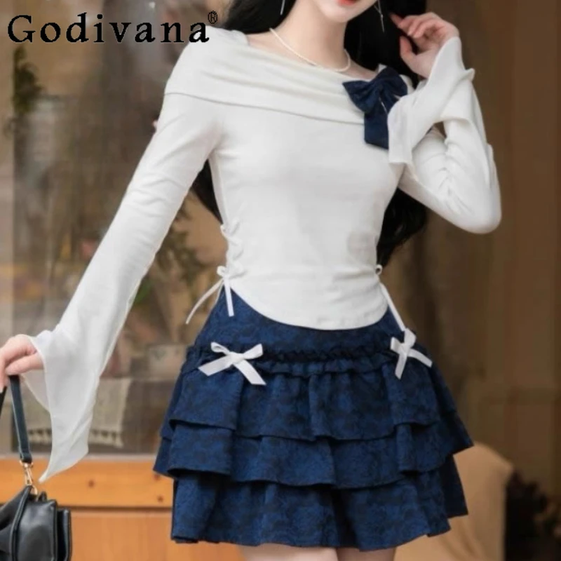 

Women Spring Autumn Fashion Versatile Slim Long Sleeves Elegant Slash Neck Temperament Top High Waist A-line Bow Cake Skirt