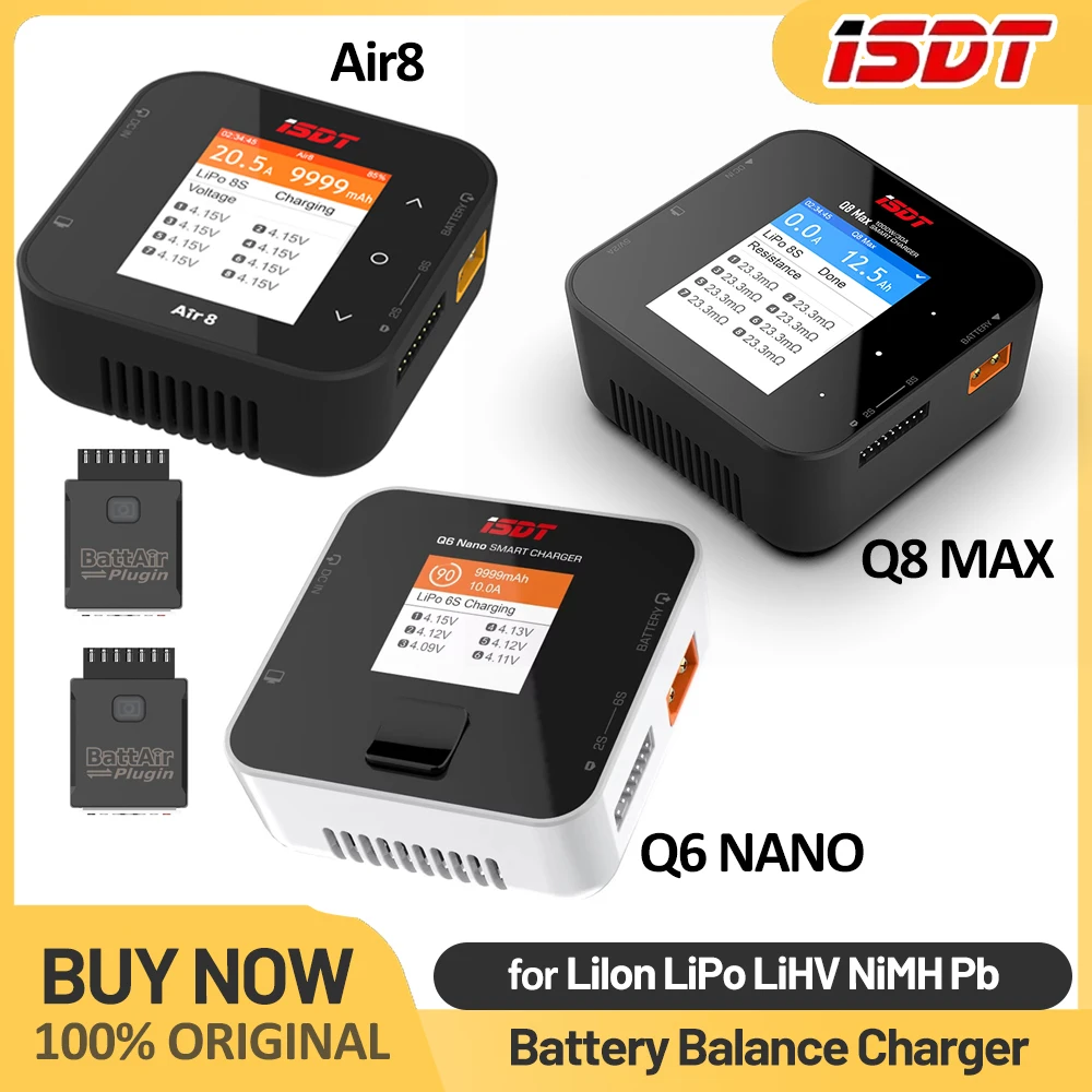 

ISDT Air8 500W 20A 2-8S / Q8 MAX 1000W / Q6 Nano 200W 8A 1-6S Lipo Battery Balance Charger для Lilon LiPo LiHV NiMH Pb RC моделей