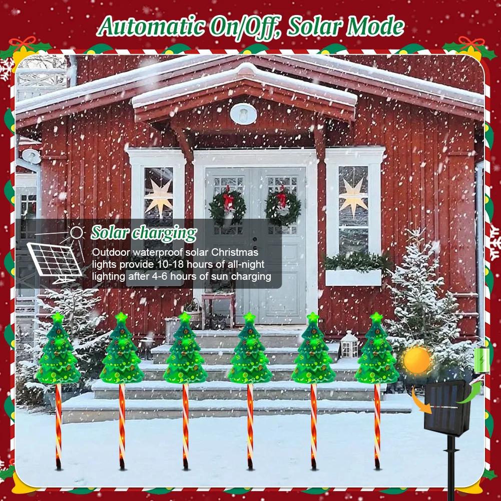 

6 Pack LED Solar Powered String Lights IP65 Waterproof Xmas Tree Candy Cane Light 6 Modes USB Rechargeable for Yard Patio Porch