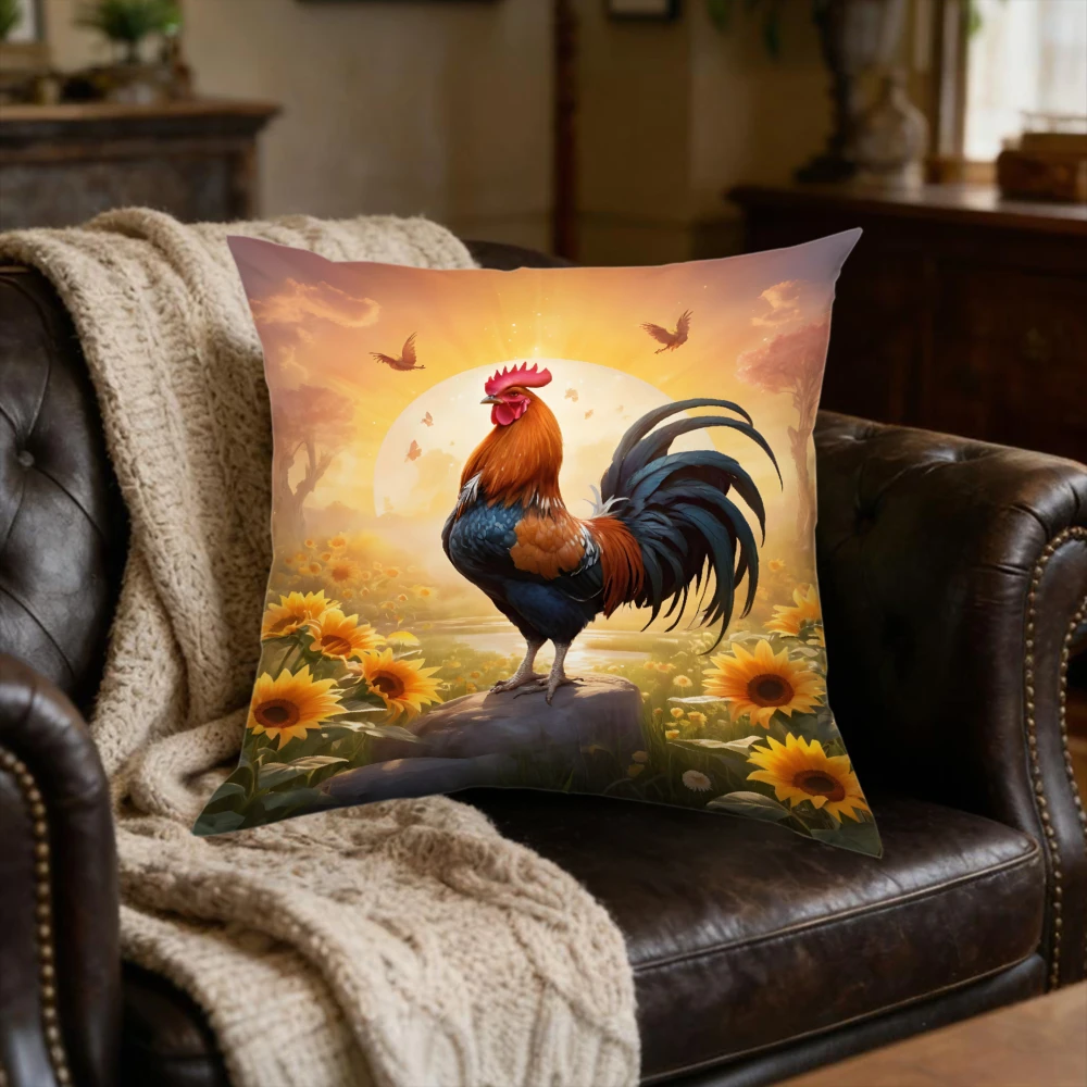 Rooster Sunflower Cushion Cover Multicolor Sunrise Print Living Room Sofa Bed Decor Soft Breathable