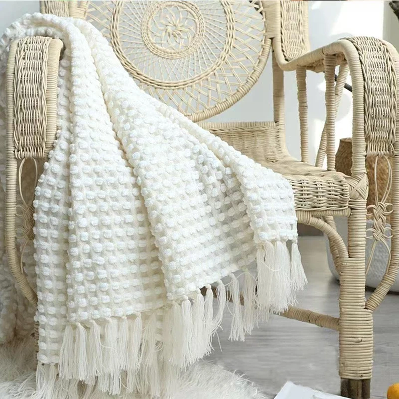 White Vintage Chenille Knitted Blanket Soft Sofa Throw with Tassels Luxury Farmhouse Bedspread Travel Nap Blanket Home Decor