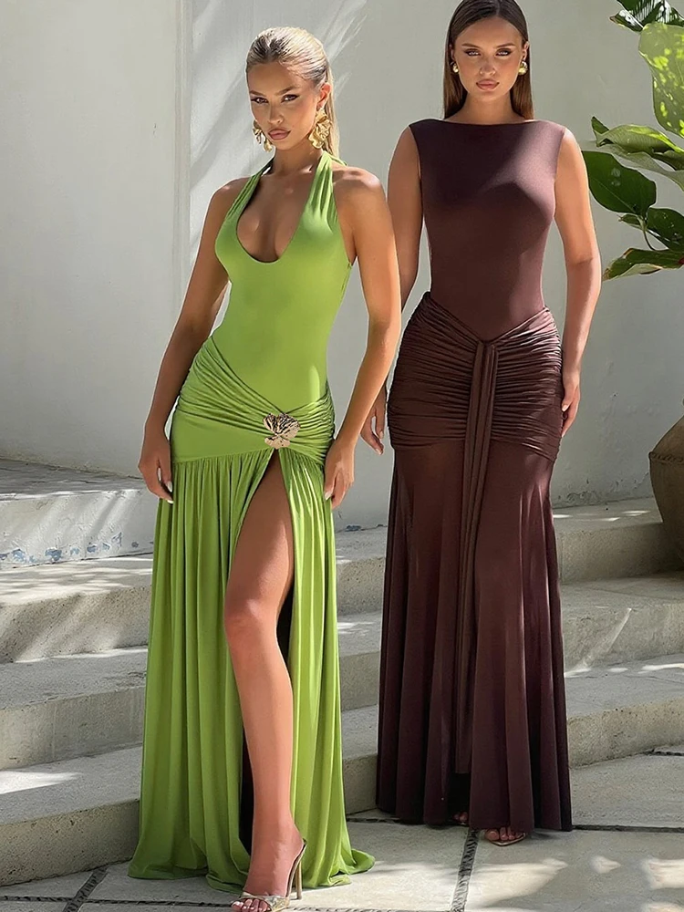 فستان Cutenew ذو رسن عالي الشارع للنساء مثير بدون ظهر ومقسم ومطرز ومزين بالترتر رداء طويل للسيدات فساتين حفلات موجزة #1