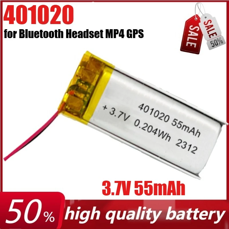 

3.7V 55mAh 401020 Lithium Rechargeable Battery for Bluetooth Headset MP4 GPS Speaker Smart Watch Flashlight Battery