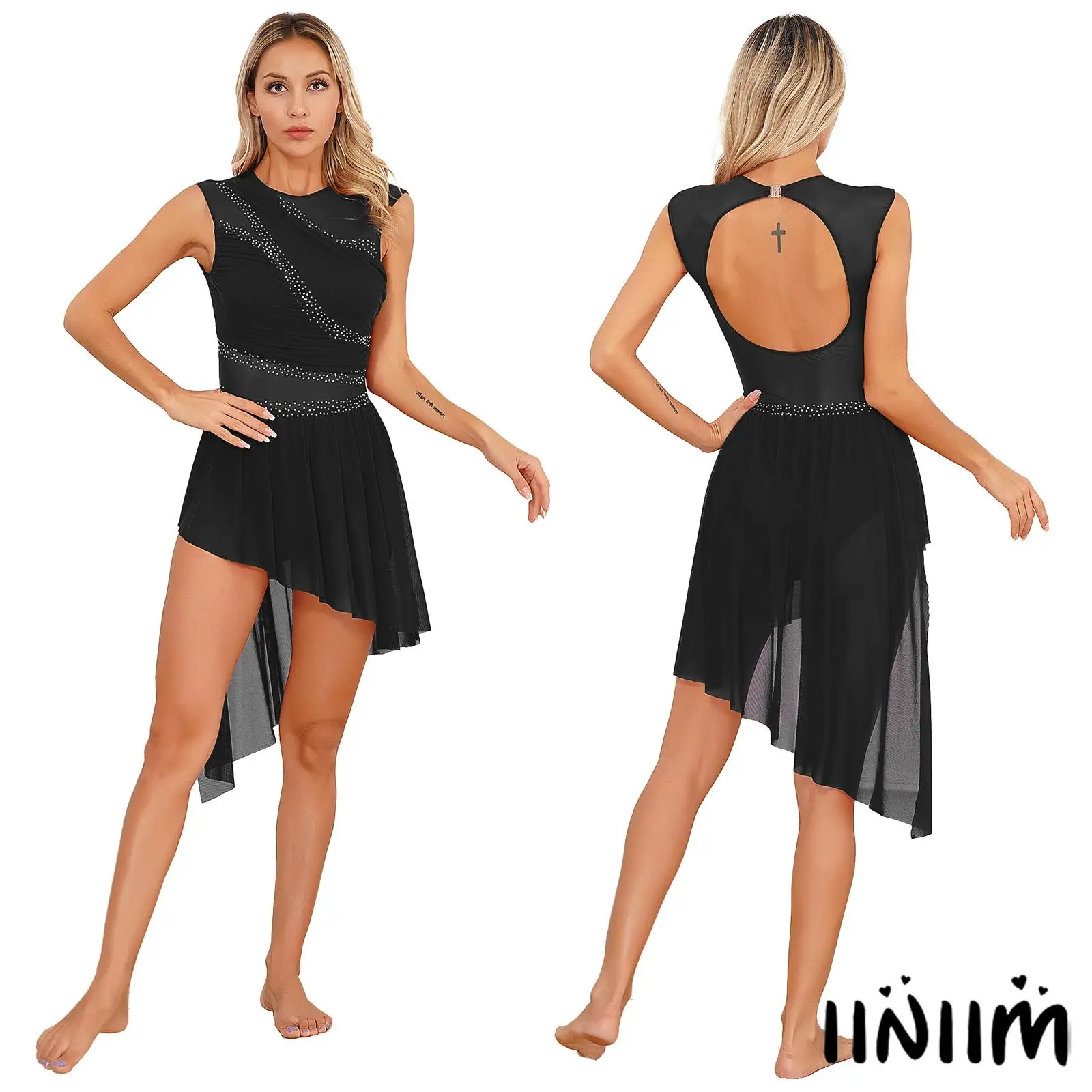 

Figure Skating Stage Performance Costume Ballet Lyrical Modern Dancewear Stretchy Dancewear Womens Shiny Rhinestone Dress