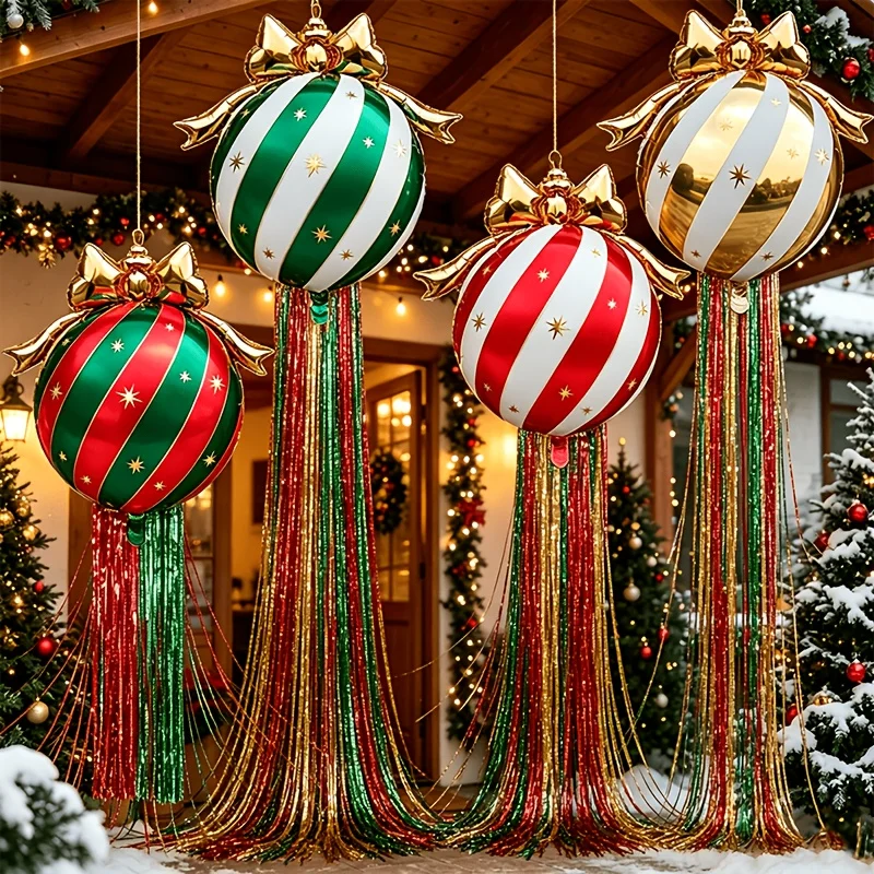 5-Piece Set--Giant Inflatable Christmas Decoration Hanging Balls, Aluminum Foil Balloons, Striped Christmas Hanging Balloons with Rain-Like Tassels, Suitable for Outdoor and Indoor Home Use, Christmas Tree Holiday Decorations, Christmas Welcome Events, Family Gatherings, Window Displays, Market Events, Holiday Scene Arrangements, Winter Christmas Atmosphere Scene Setup, Winter Themed Activities