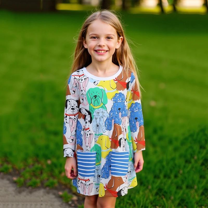 

Little maven Kids Clothes Autumn Baby Girls Long Sleeve Dress Animal Dogs Dresses with Pockets Children Casual Dress