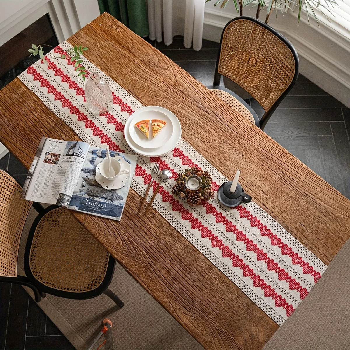 1pc Viscose Table Runner, Red Heart Striped Woven American Style Festive Decor, Rectangular Table Flag for HomeDecoration