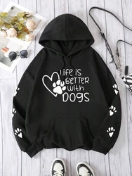 Casual Women Hoodies Life Is Better With Dogs Printed Sweatshirts Comfortable Crewneck Pullover Loose Fleece Female Tops Clothes