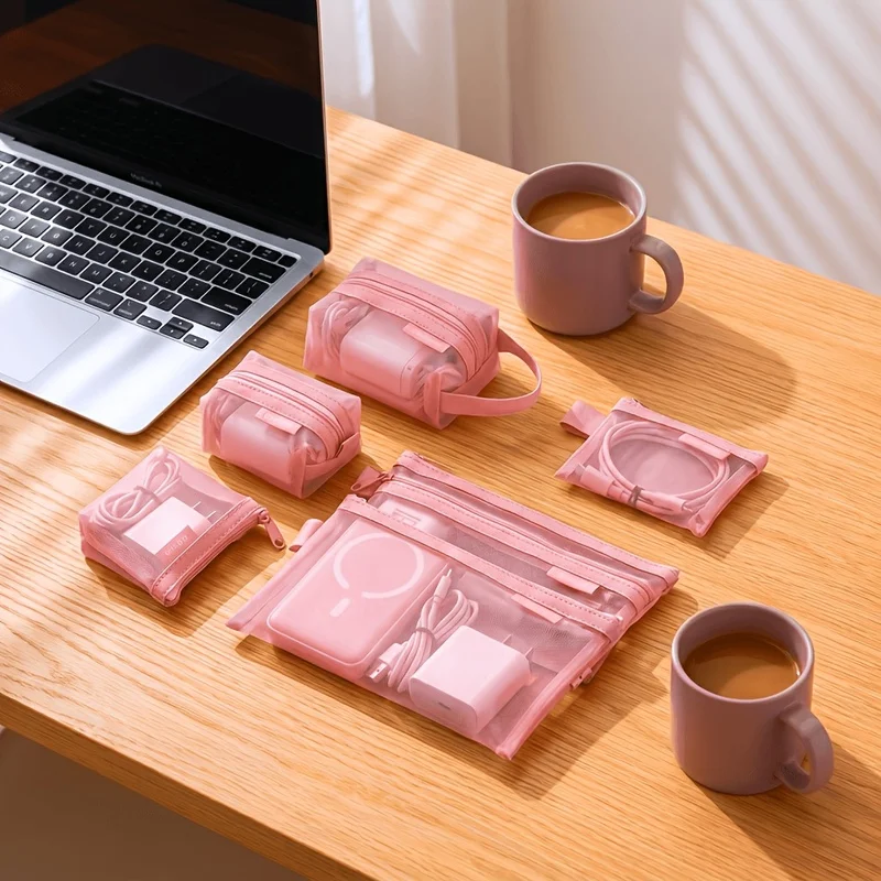 6pcs Transparent Mesh Coin And Sundries Storage Bags, 3D Portable Card Holders, Cosmetic Bags