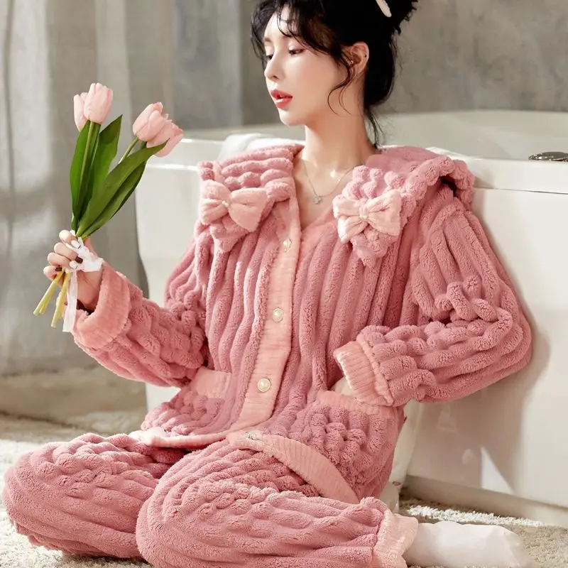 Famale Coral Velvet Pajamas Women Autumn Winter Thickened Plush Flannel Home Wear Long Sleeved Girls Cute Fashionable Sleepwear