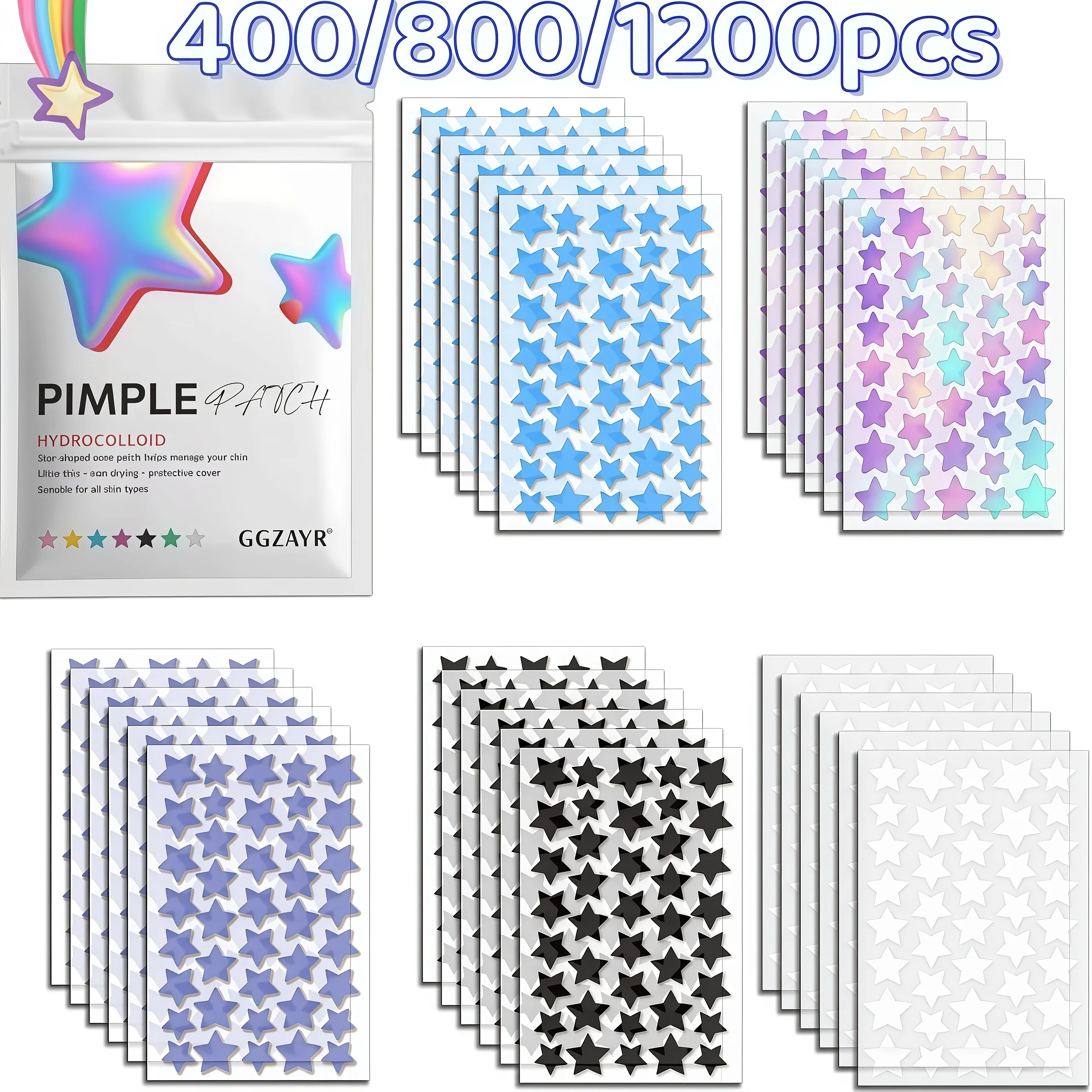 

800/1200pcs Five Color Star Hydrocolloid Patches, Mixed Shade Invisible Spot Covers