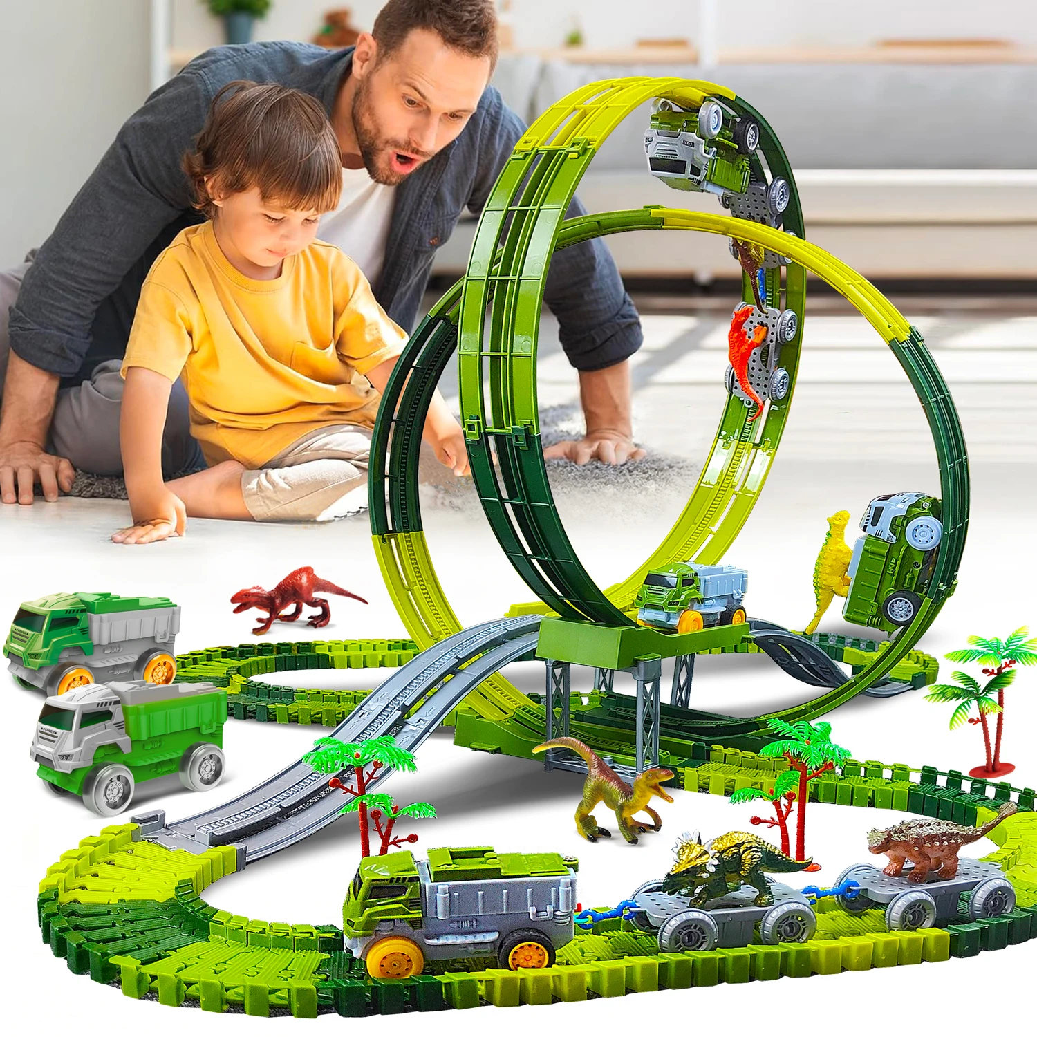 Magic Climbing Track train,Create A Dinosaur World Road Race Tracks, Flexible Track Playset for 3 4 5 6 Year Old Boys Girls Gift