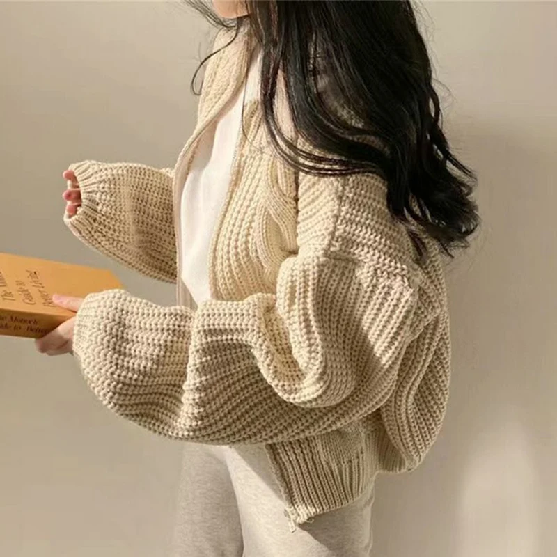 Rimocy Chic Zipper Up Knitted Cardigan Women Autumn Winter Solid Color Twisted Sweater Woman Wild Long Sleeve Jumper Coats Mujer