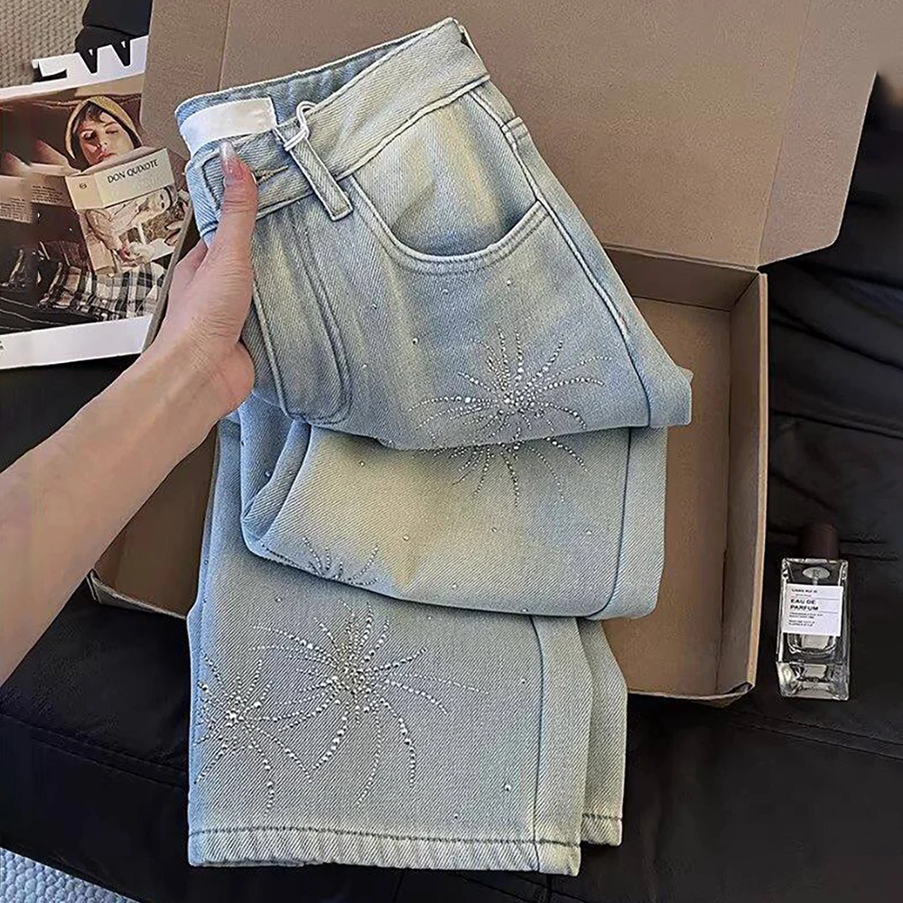 

Trendy Rhinestone Firework Pattern Jeans Women American Style High Waist Straight Wide Leg Pants Casual Loose Blue Denim Pants