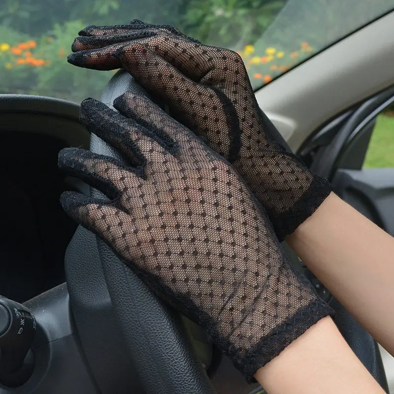 1 par de guantes elegantes Vintage para mujer, guantes de encaje con dedos completos, etiqueta corta de tul, manoplas elásticas negras transparentes