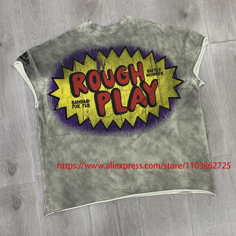 Real Photo Niche Trend Retro Roguh Play Vest Do Old Hole Hot Drill Tops Summer Comfort Cartoon Print ROUGH PLAY Sleeveless Vest