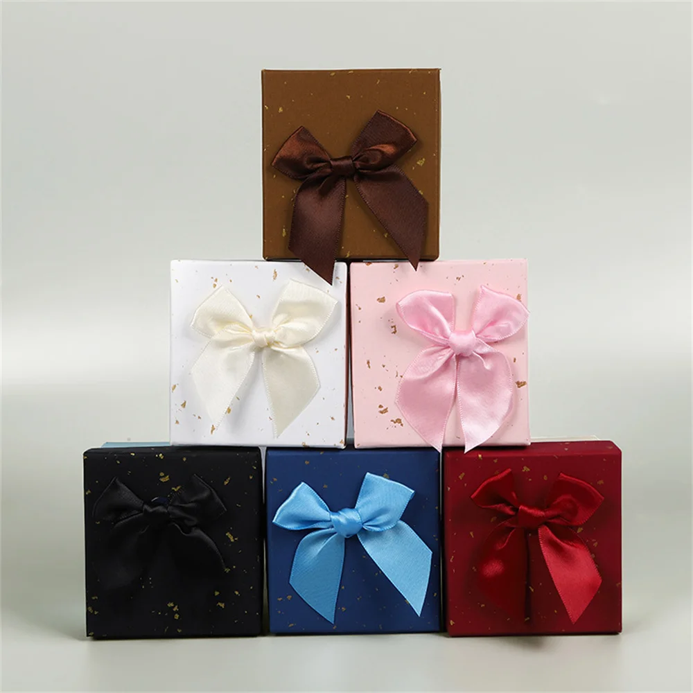 Bow Ribbon Gift Box Cardboard Watch Organizer Gold Dots Jewelry Packing Square Paper Case for Necklace Ring Earring Festive