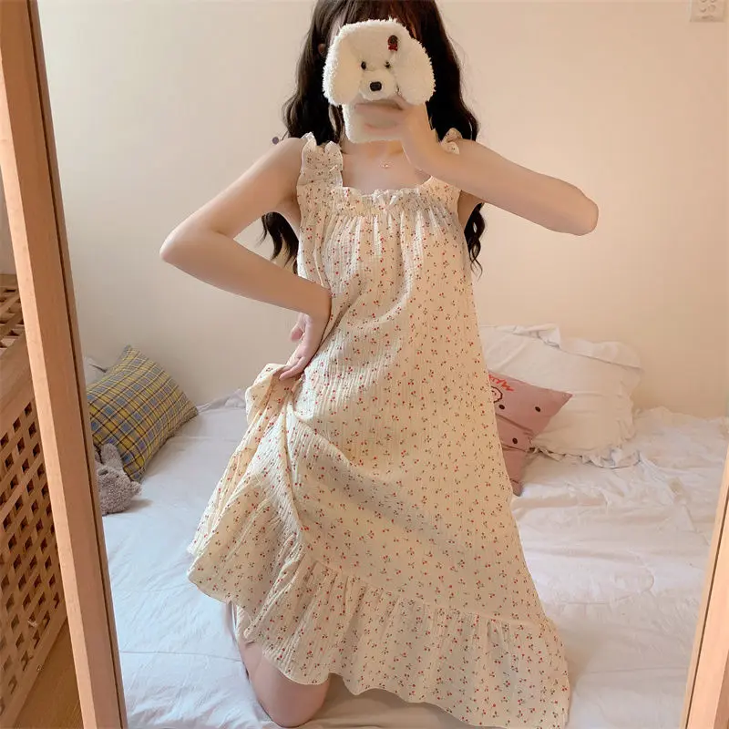 Summer Night Dress Women Sweet Sleepwear Nightgown Sleeveless Thin Korean Style Students Cute Night Wears for Women Home Clothes