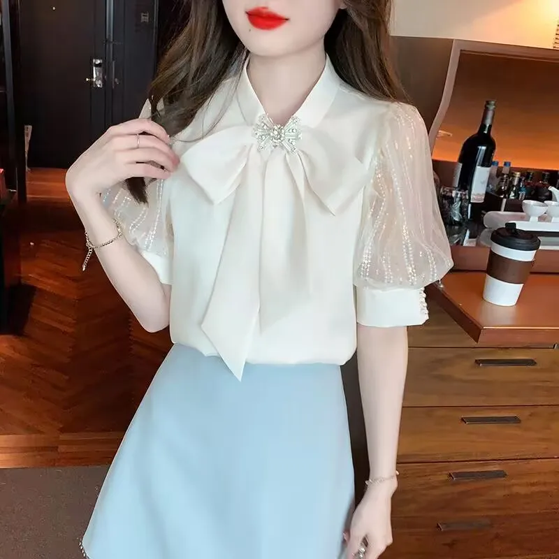 2025 Summer Chiffon Short Sleeve Shirt Women Puff Sleeve Bowknot Shirt Office Lady elegant White Base Shirt Female Cool T-shirt