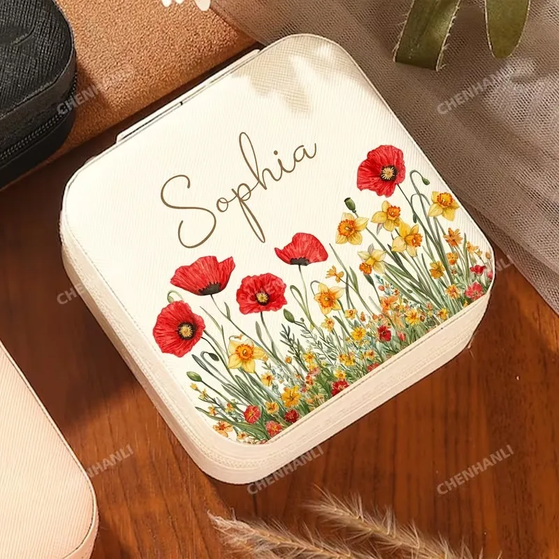 Custom flower field Beige jewelry box, custom name, bridesmaid gift, graduation birthday gift for sisters friends,best gift - view 6