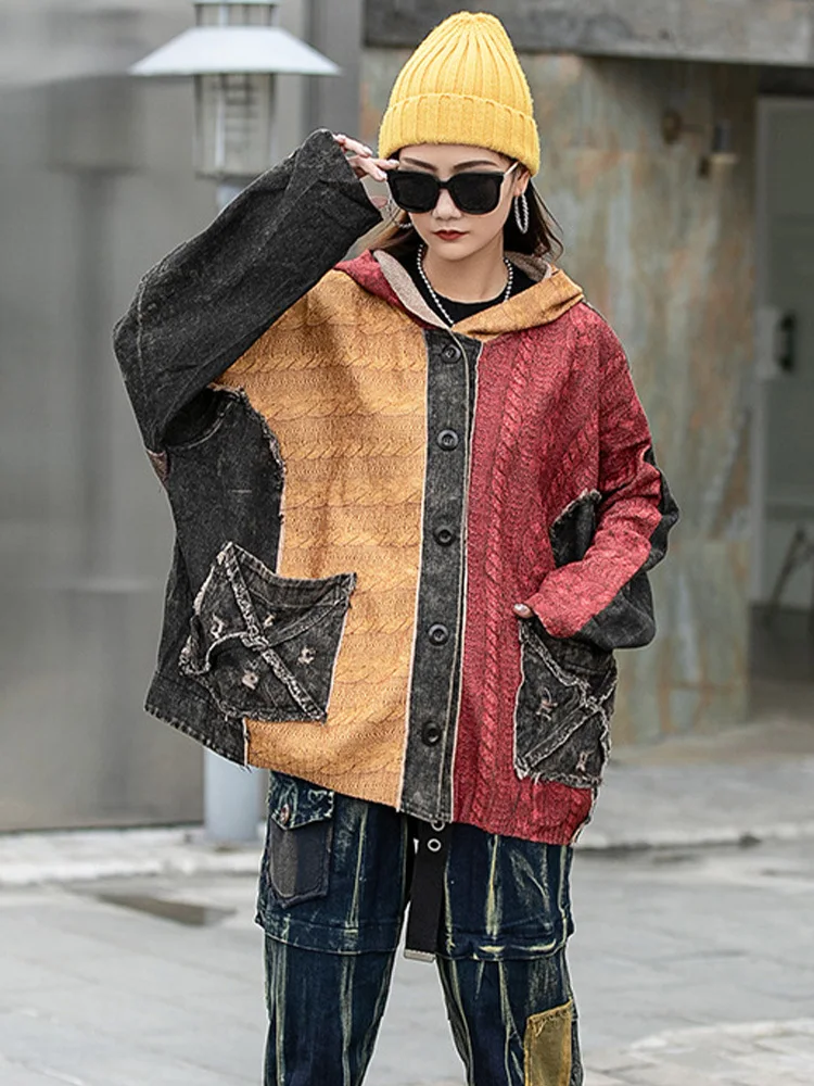 Max LuLu 2023 Fashion Streetwear Womens Fall Loose Knitted Denim Hooded Jackets Ladies Vintage Casual Punk Oversized Warm Coats