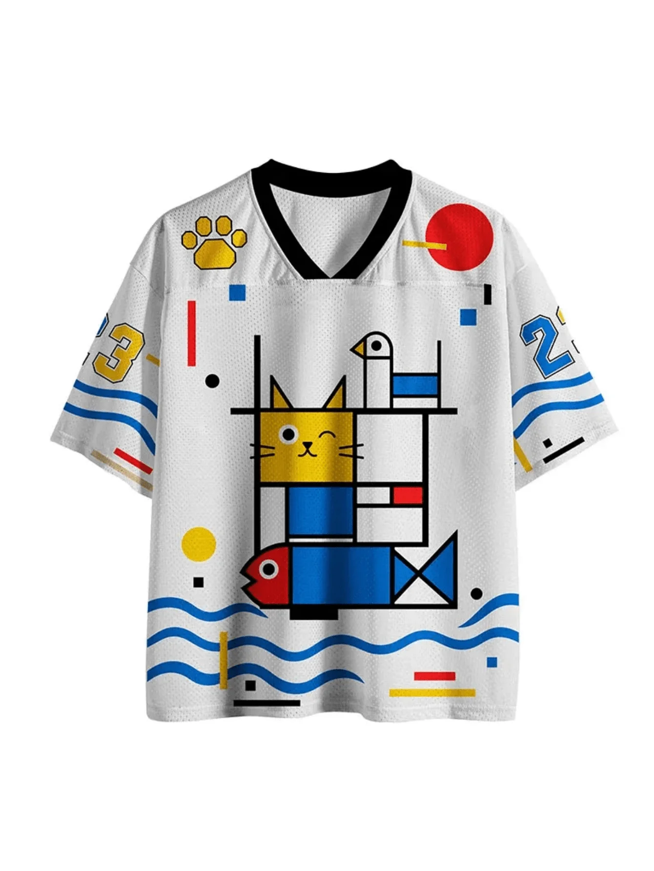 Unisex Memphis Style Geometric Cat Jersey T‑Shirt Men Women Colorful Abstract Print Short‑Sleeve Tops Retro 90s Street Tees
