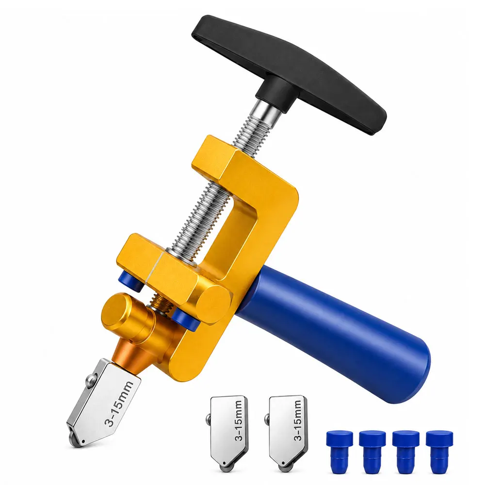 2-in-1 Manual Glass and Tile Cutter, Aluminum Alloy Tool with 3 6mm Tungsten Steel Heads for 3-15mm Glass, Mirrors and Tiles DIY