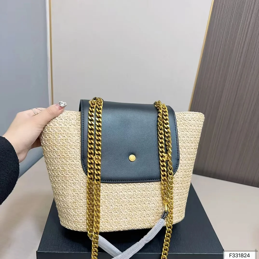 YS 2024 New Summer Contrast Spliced Grass Large Capacity Handmade Woven Bag Simple And Fashionable One Shoulder Handbag