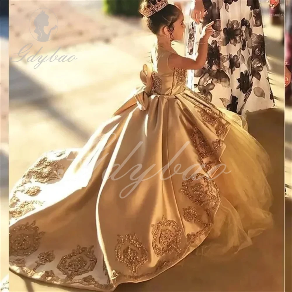 Vestidos de comunhão para menina flor, estilo trem, vestido de baile, arco de aplique dourado, vestido feminino, tule cetim