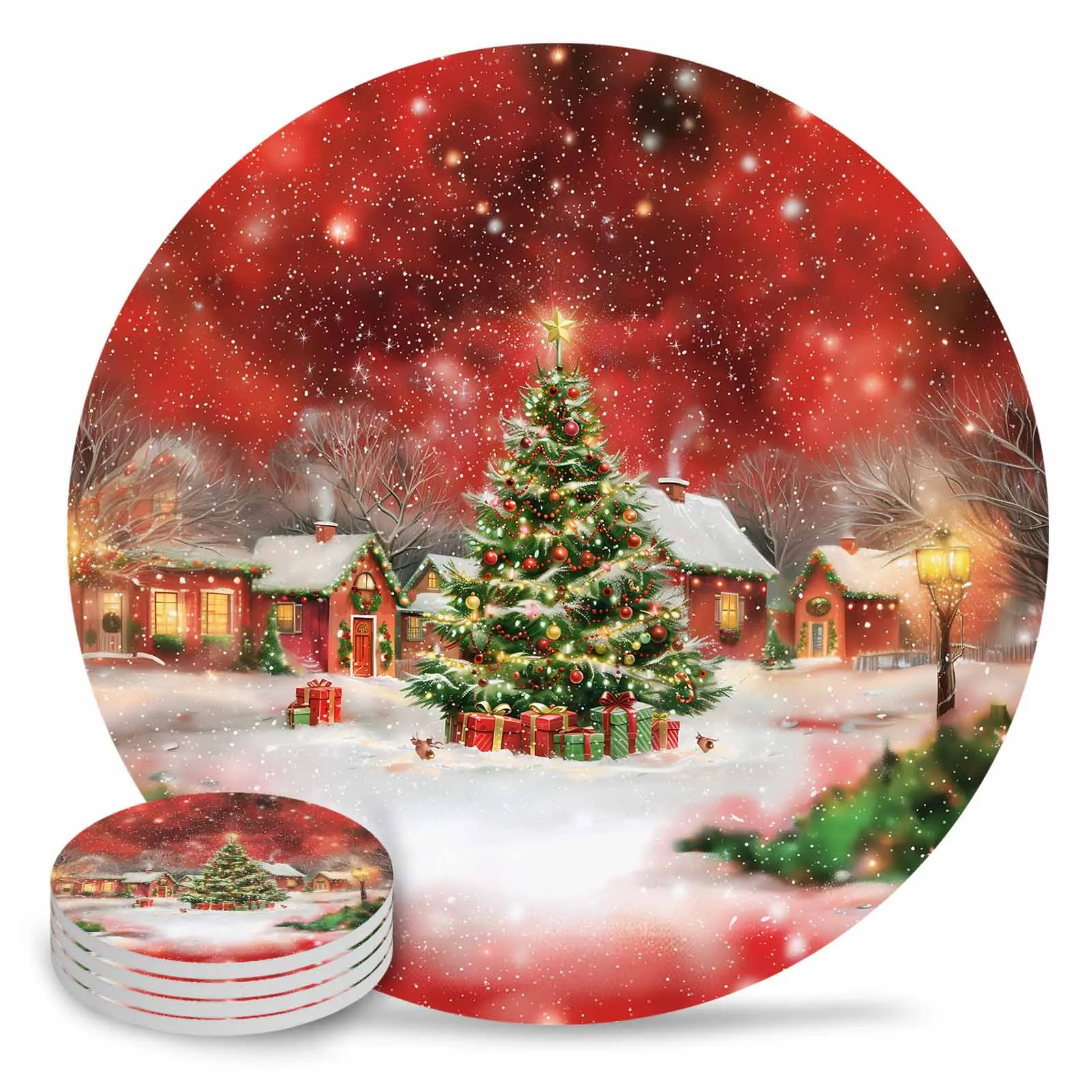 Christmas Tree Snow View Cottage Street Light Round Coaster Coffee Table Mats Kitchen Accessories Absorbent Ceramic Coasters