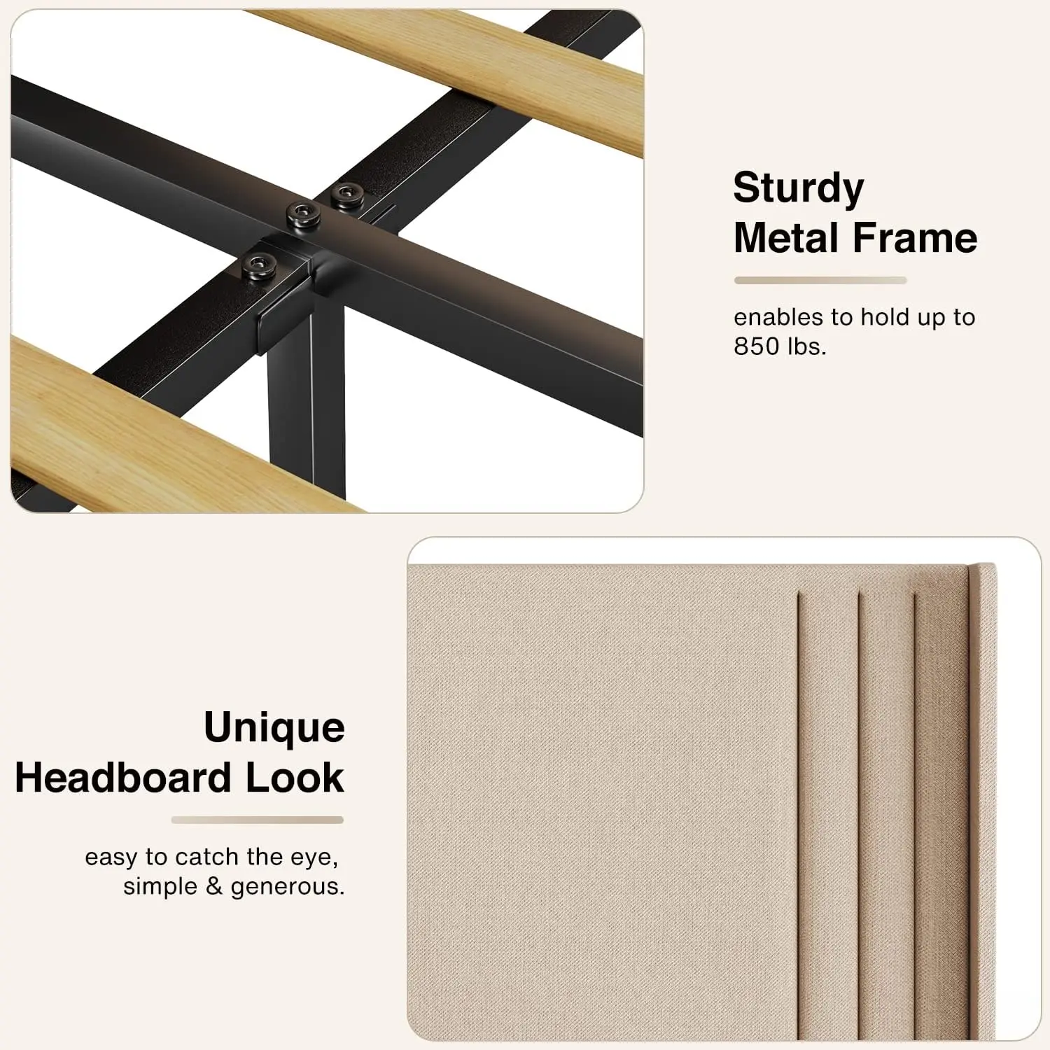 โครงพร้อมหัวเตียง Wingback, เตียงยกพื้นหุ้ม, แผ่นไม้, ไร้เสียงรบกวน, ไม่ต้องใช้สปริงกล่อง, ประกอบง่าย