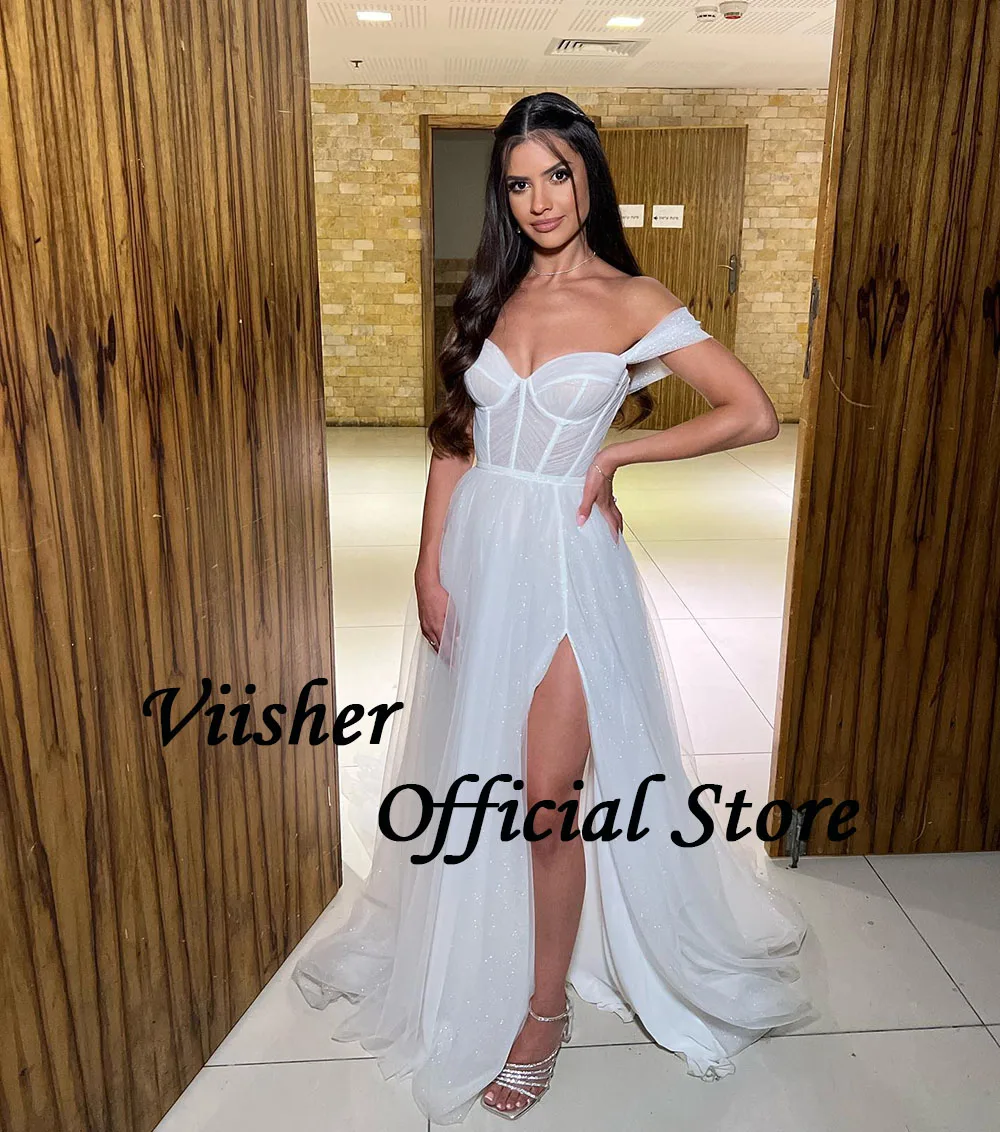 Viisher-vestidos de novia bohemios brillantes de un hombro, Sexy, pierna dividida, tul suave, vestido de novia de playa, vestidos de novia largos de boda Civil