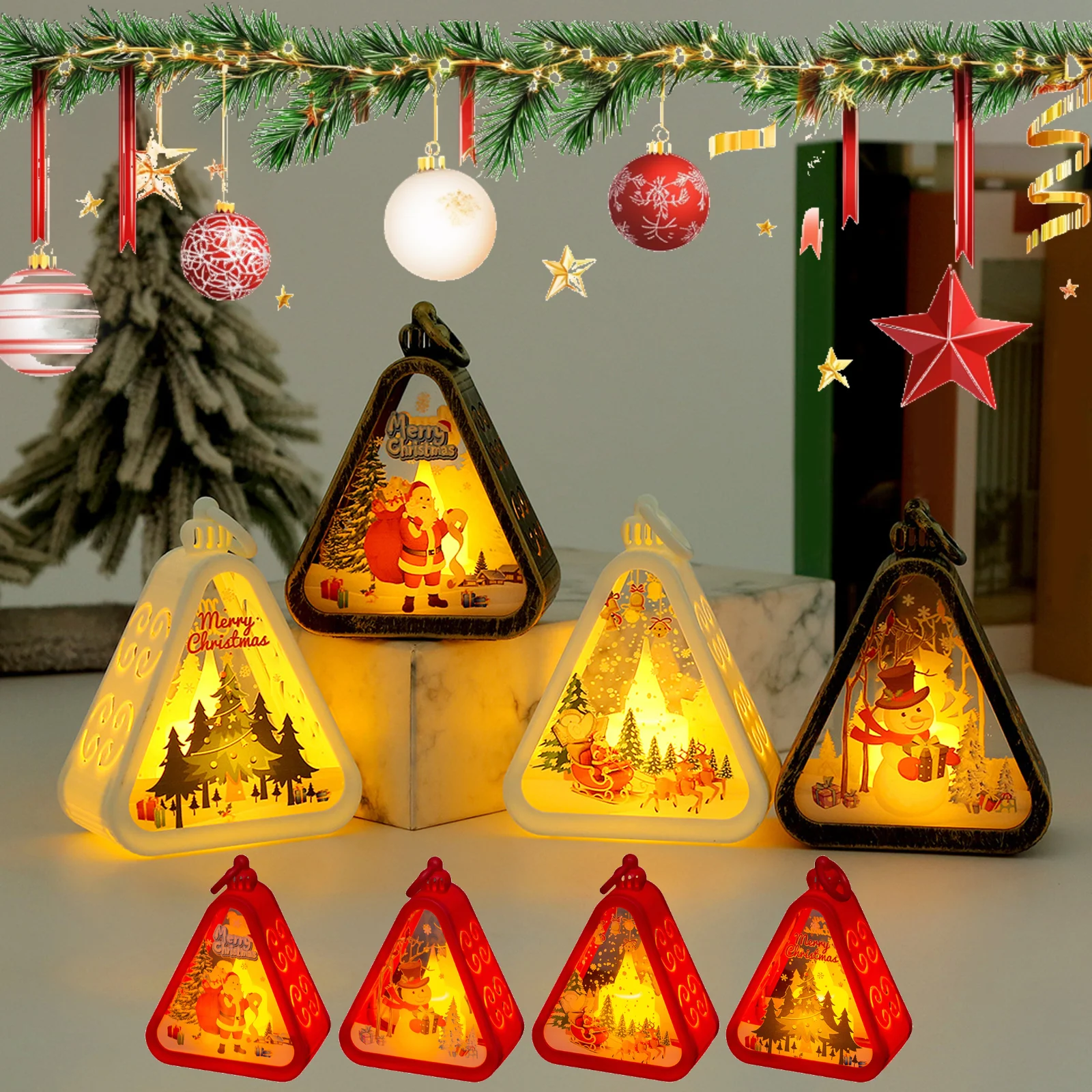 

Christmas LED Triangle Lantern Mimi Santa Claus Snowman Lamp Indoor Table Ornaments Home Party Scene Props Christmas Decorations
