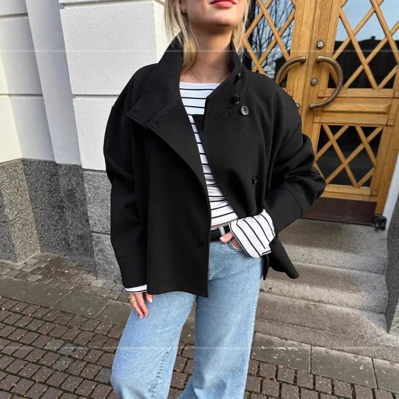 

Women's Clothing High-quality New Temperament Elegant Jacket Stand-up Collar Single-breasted Loose Woolen Coat Exquisite Leisure