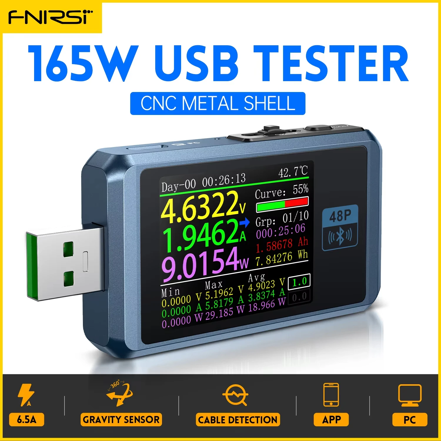 

USB-тестер-монитор FNB58, 28 В, 7 А, 196 Вт, полноцветный TFT-LCD экран 2,0 дюйма, поддержка версий PD2.0/PD3.0/QC2.0/QC3.0, версия с Bluetooth