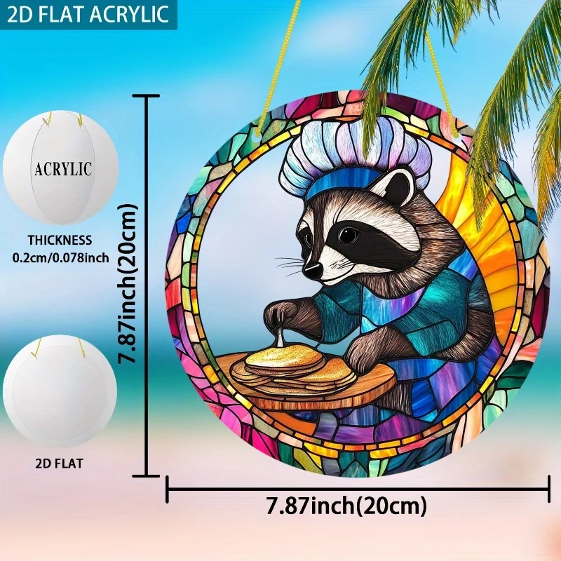 Acrylic Painting Stained Glass Style Chef Raccoon with Pancakes and Colorful Mosaic Border Plastic Window Hanging Suncatcher, 2D