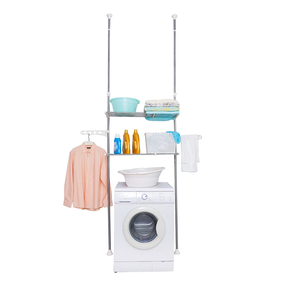 

Adjustable Bathroom Storage Rack with 2 Shelves Oganizer Over Toilet Telescopic System Shelf Above Washing Machine Space Saver