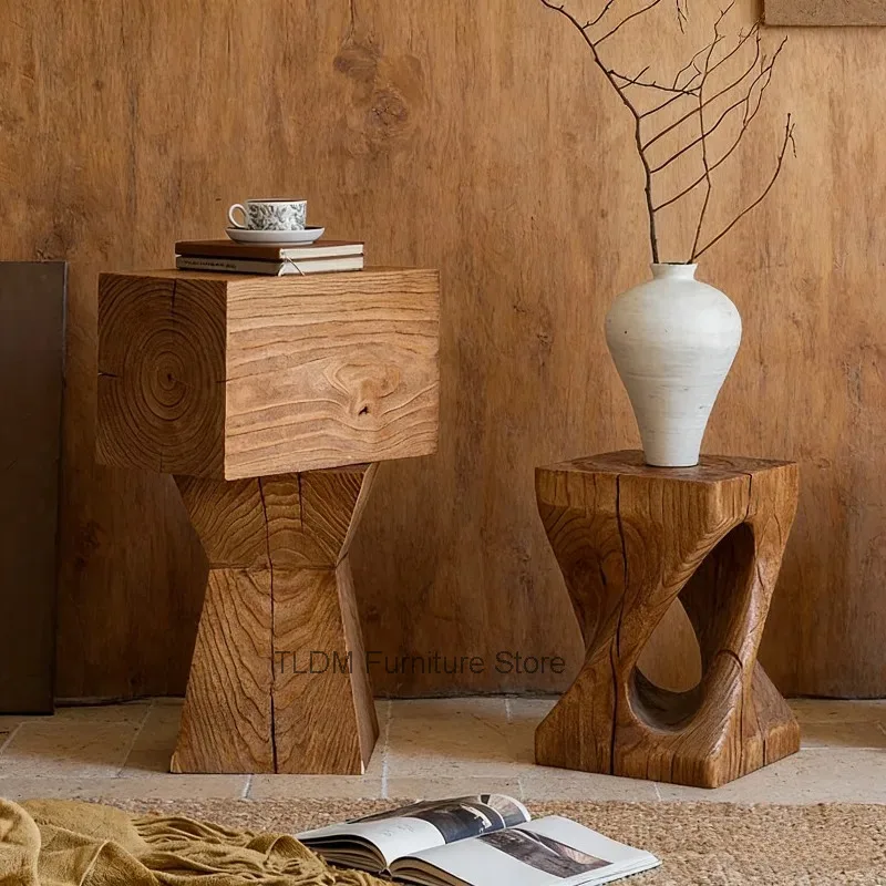 Rustic Wabi-Sabi Solid Table, Wood Accent Stool, Tree Hand-Carved Natural Wood Side Stump Side Table for Living Room Entryway