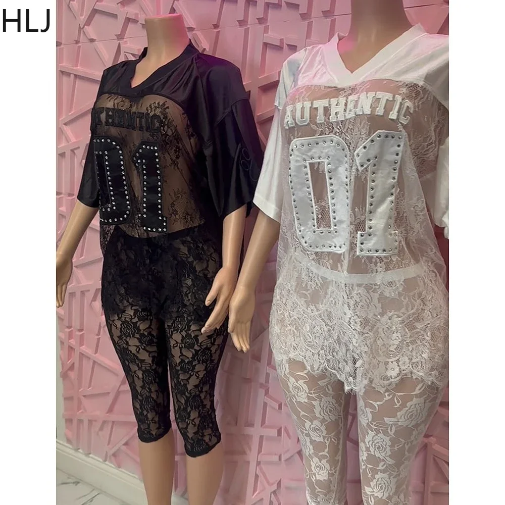 

HLJ&GG Fashion Lace See Though Patchwork Two Piece Sets Women V Neck Short Sleeve Loose Top+Skinny Shorts Outfits Sexy Clubwear