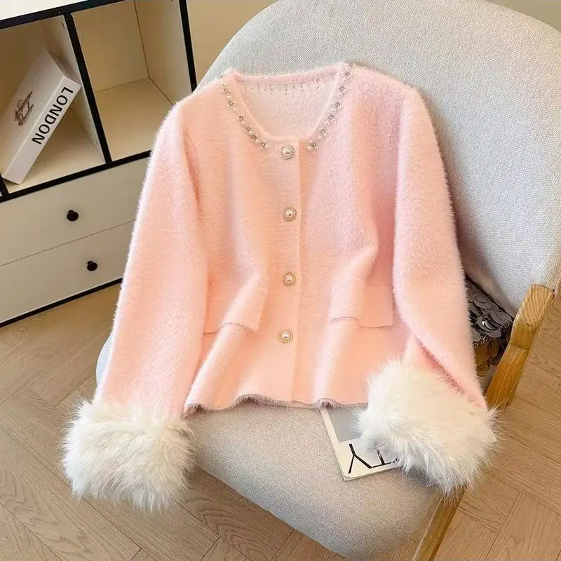 

Elegant White Beading Knitted Cardigan Women Korean Faux Fur Patchwork Sweater Outerwears Black Knitwears Winter Jumpers