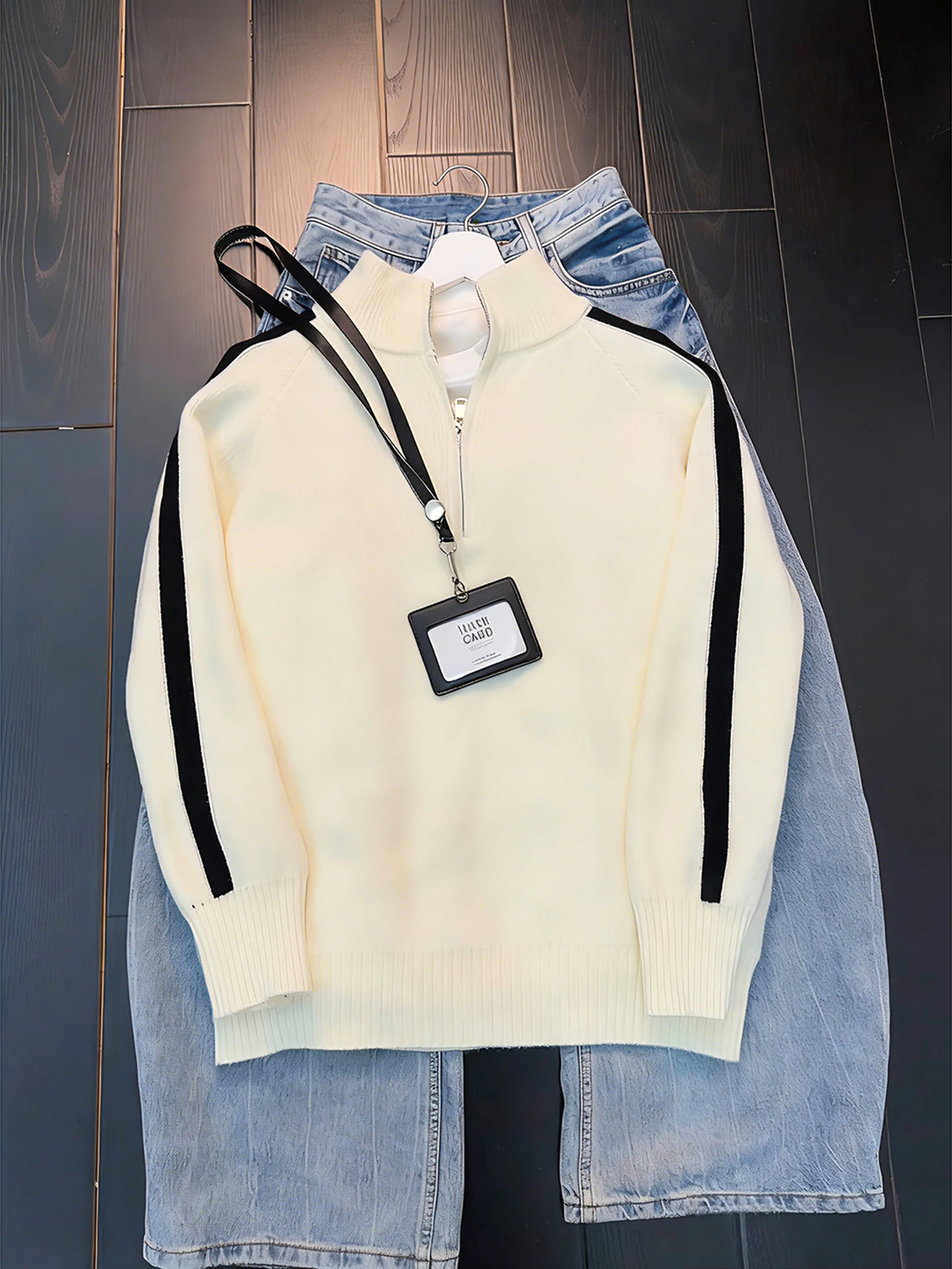 

Мужской зимний свитер-кардиган на молнии с флисовой подкладкой, в американском стиле, с контрастными цветовыми блоками и воротником-стойкой, в стиле пэчворк