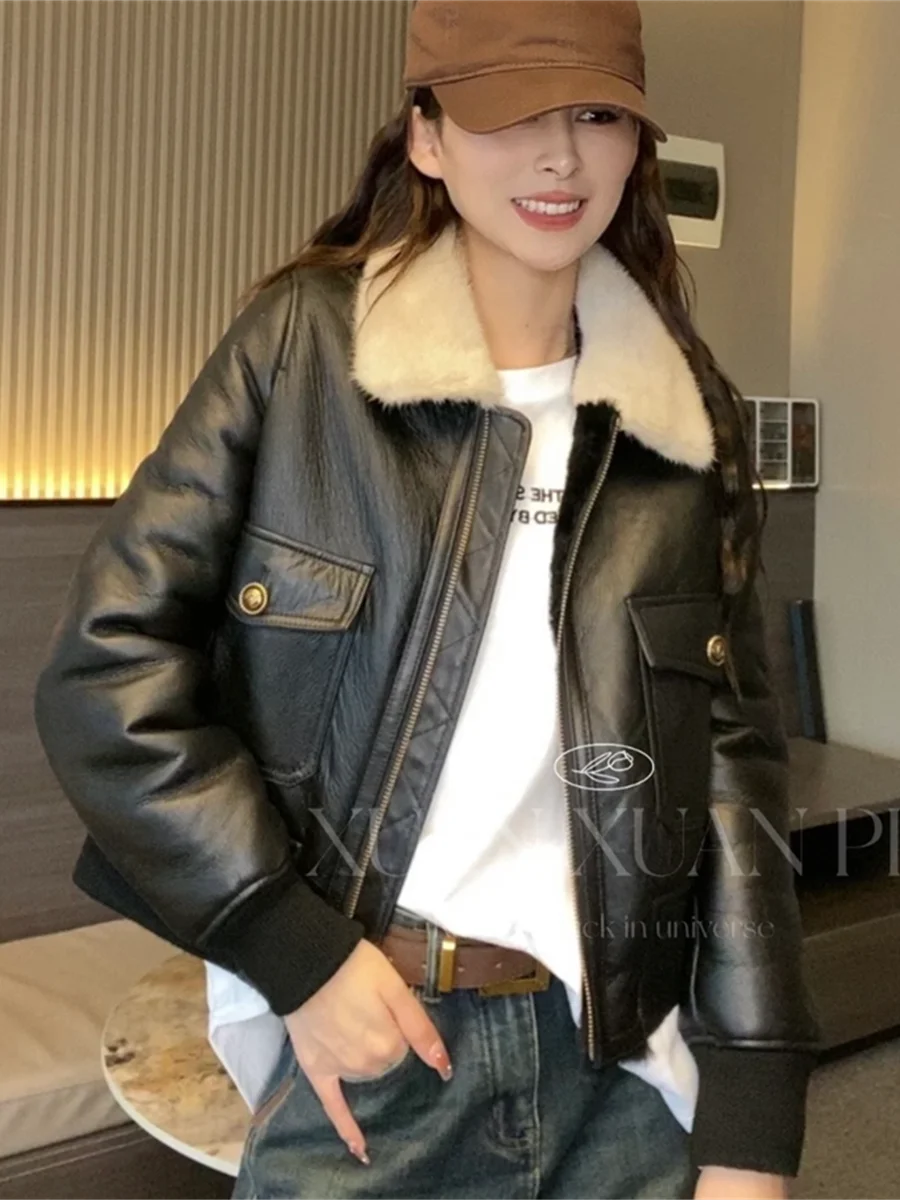 2023 New Leather and Fur Jacket Women's Coat Short Motorcycle Lamb Fur Coats for Women Winter Sheep Shearling Clothes Abrigos FC