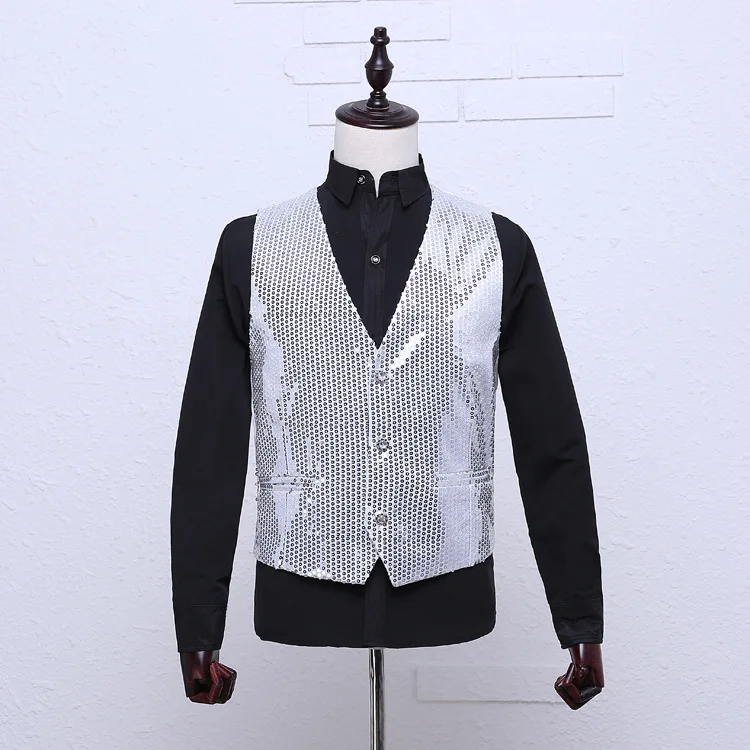 Red Men's Sleeveless Vest with Gold Circular Sequin Embellishments, Available in Blue, Pink, Silver, and Black. (Asian Sizes)
