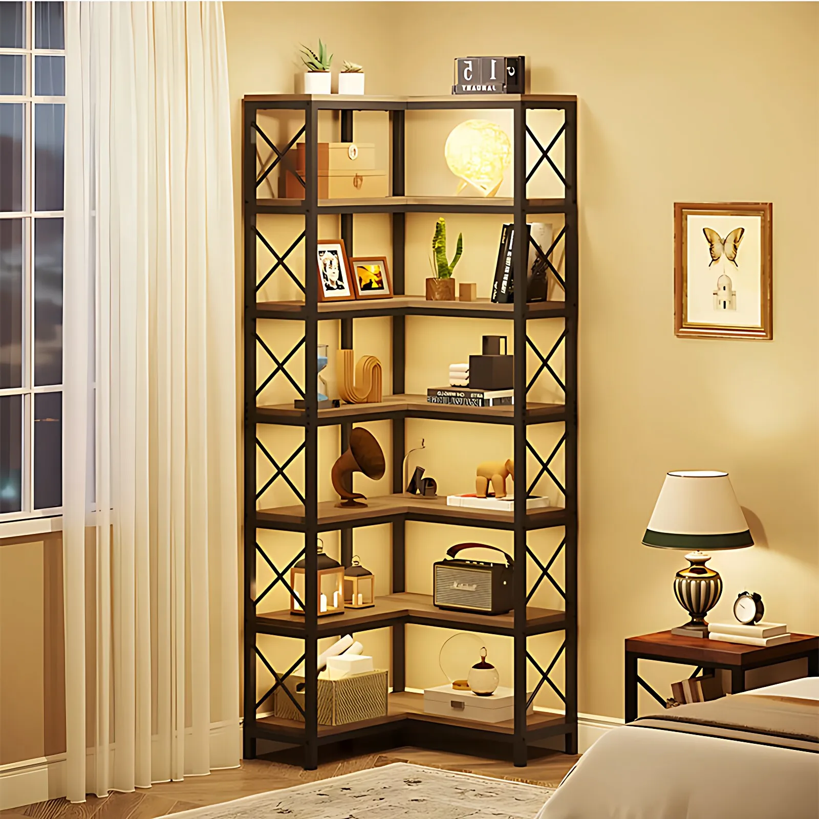 Solid Wood Carbon Steel Corner Storage Cabinet Bookcase Wall-mounted Multi-layer Storage Rack Floor Home Office Bedroom