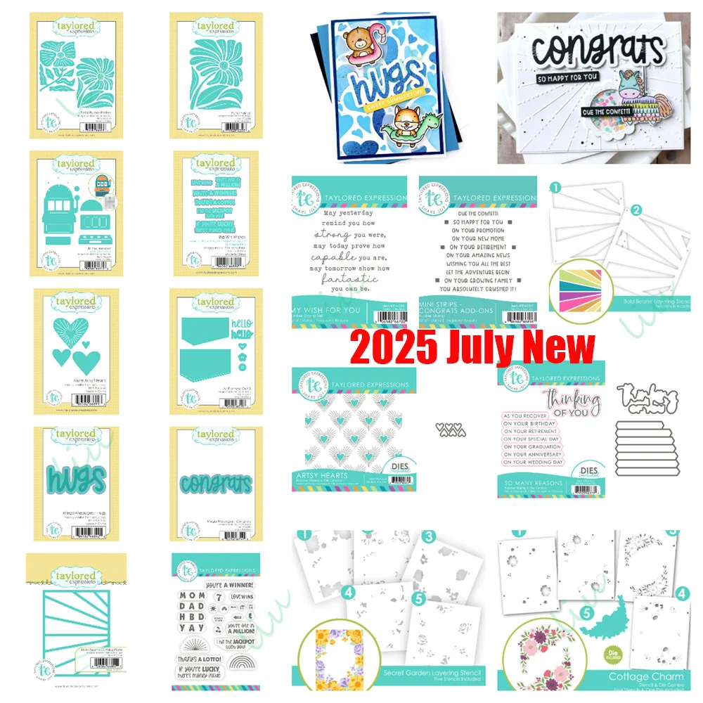

2025 July New Metal Cutting Dies Stamp Stencil for DIY Handmade Scrapbook Greeting Card Diary Petal Pusher Congrats Hugs Die Set