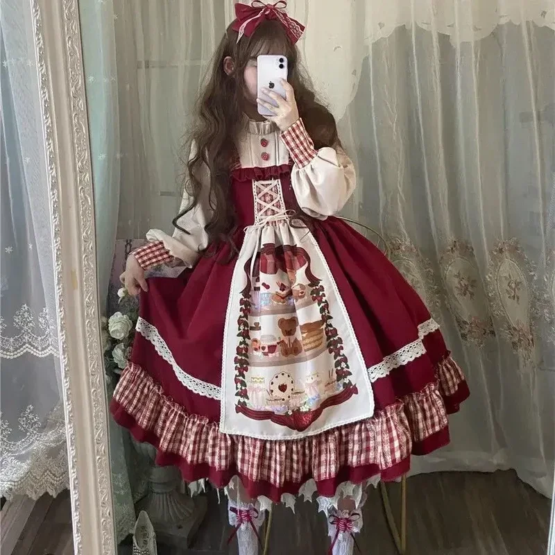 Conjunto de vestido de Lolita de Navidad para niñas dulces, capa roja Kawaii, manga larga, vestido Vintage victoriano OP, vestidos Harajuku japoneses