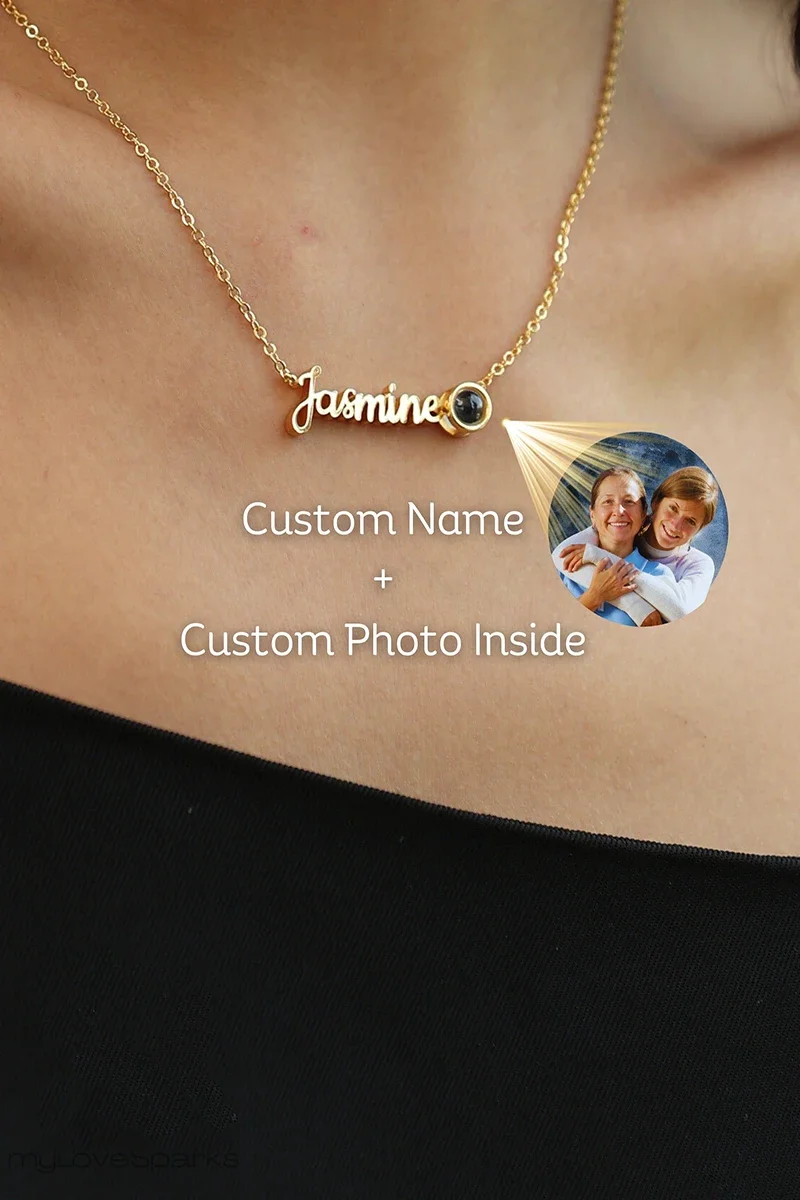 

Custom Name Necklace with Photo Projection Stainless Steel Chain Personalized Gift for Mom Daughter Her Valentine Day