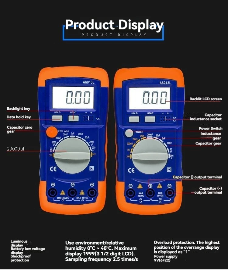 A6243L High-precision Inductance Capacitance Meter A6013L Capacitance Tester Backlight Digital Multimeter Capacitor Inductor LC